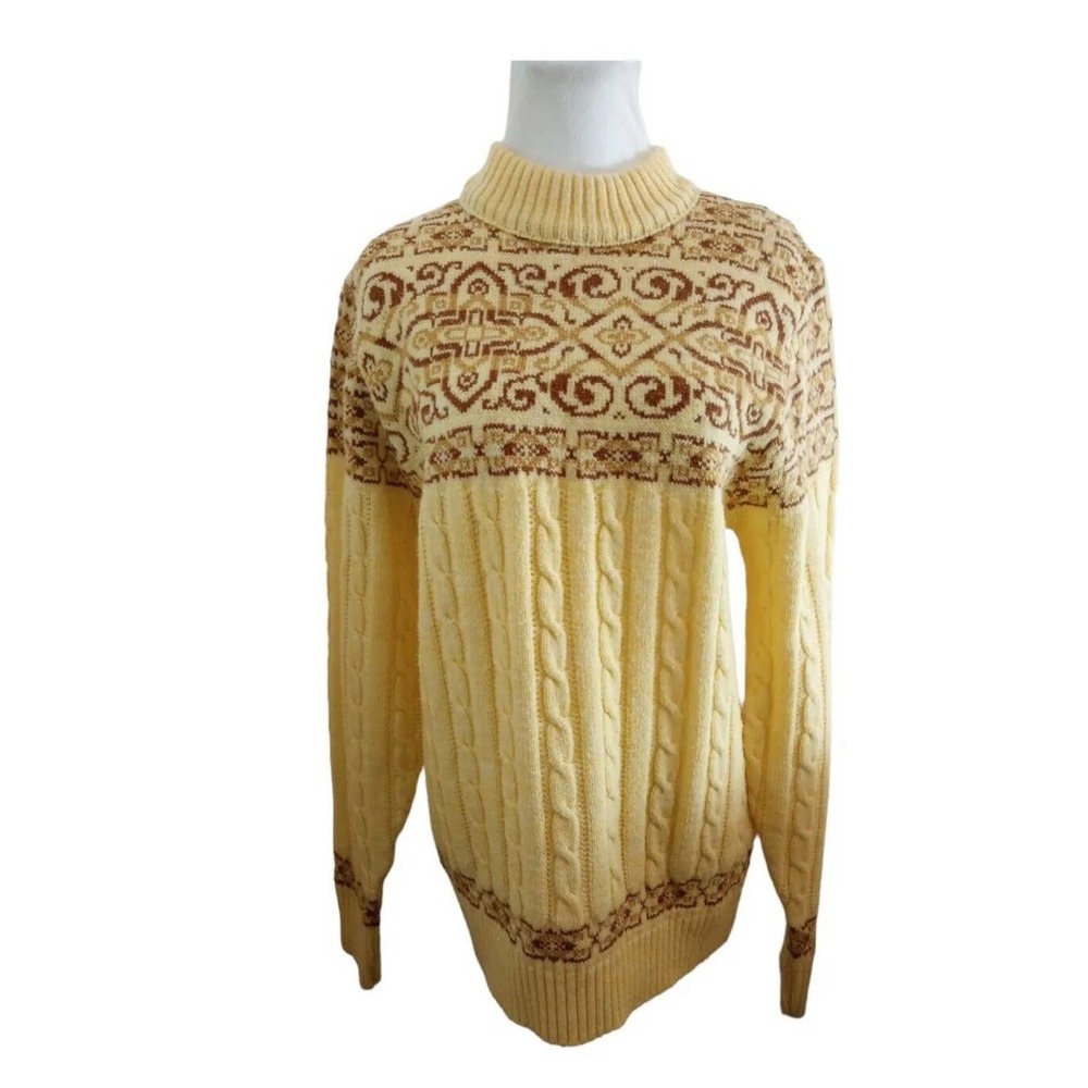 VTG Women's Large Jantzen Cable Knit Nordic Fair Isle Sweater Yellow Brown USA‎